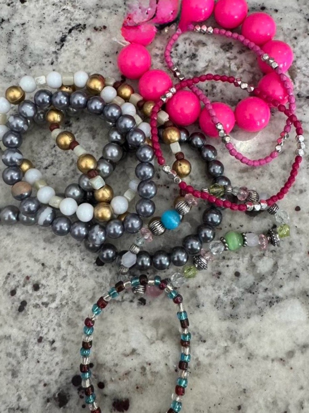 Beaded Stretch Bracelet Set - Pink, Gold, Gray & Multicolor